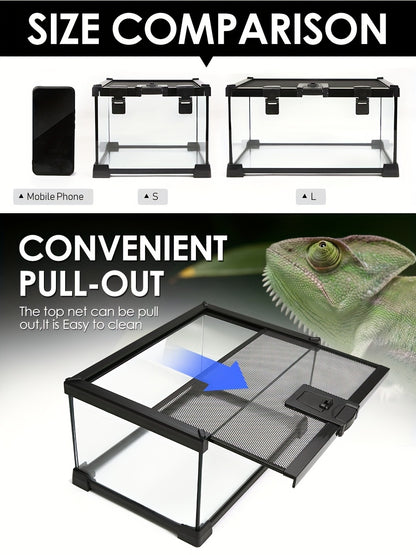 1pc Amphibious Reptile Terrarium, Glass Breeding Tank with Metal Mesh Cover for Lizards, Frogs, Spiders, Snakes - Rectangle Shape, Uncharged, Suitable for Various Species, Insectivore Tank|Ventilated Reptile Home|Ecosystem Di