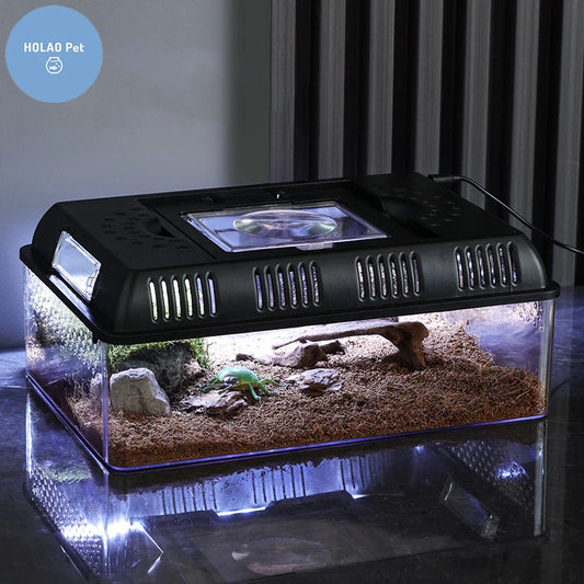 Transparent LED Light Reptile Animal Insect Pet Cage Breathable Feeding Portable Lamp Box Frog Snake ,Geckos,Inverts,spiders