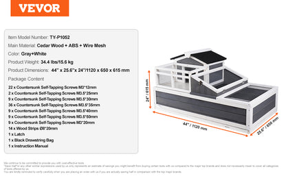 VEVOR 3-Room Tortoise House Tortoise Habitat Wooden Enclosure Indoor & Outdoor Openable Roof