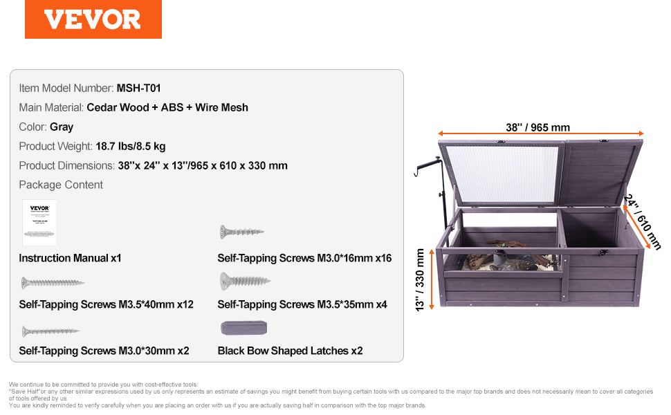 VEVOR 3-Room Tortoise House Tortoise Habitat Wooden Enclosure Indoor & Outdoor Openable Roof
